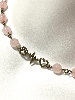 Genuine Pink Rose Quartz Short Necklace, Gemstone & Bronze Paw Print Heart Beat